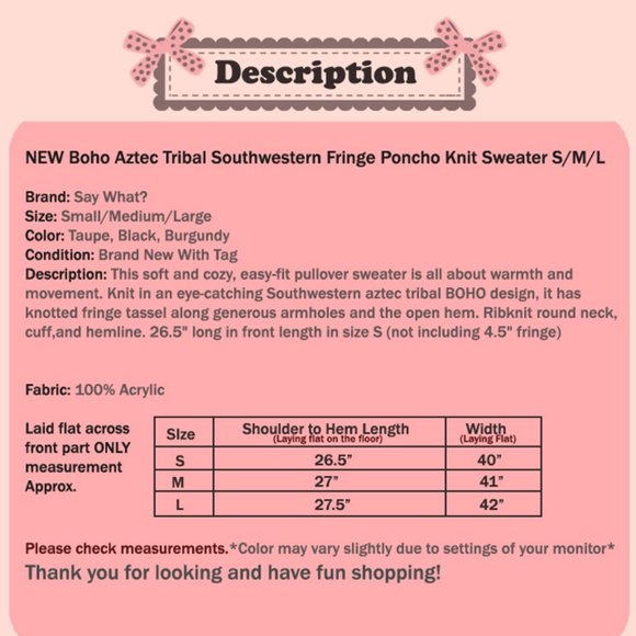 NEW Tribal Aztec BOHO Knit Fringe Sweater Poncho - Picture 10 of 10